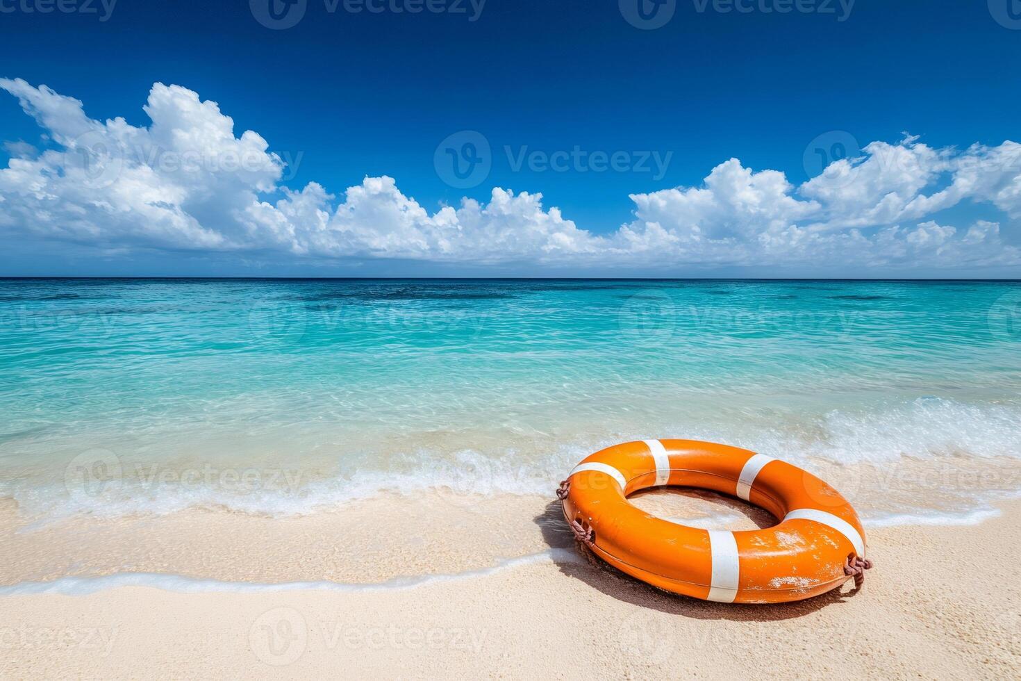 Orange lifebuoy resting on tropical sandy beach under blue sky photo
