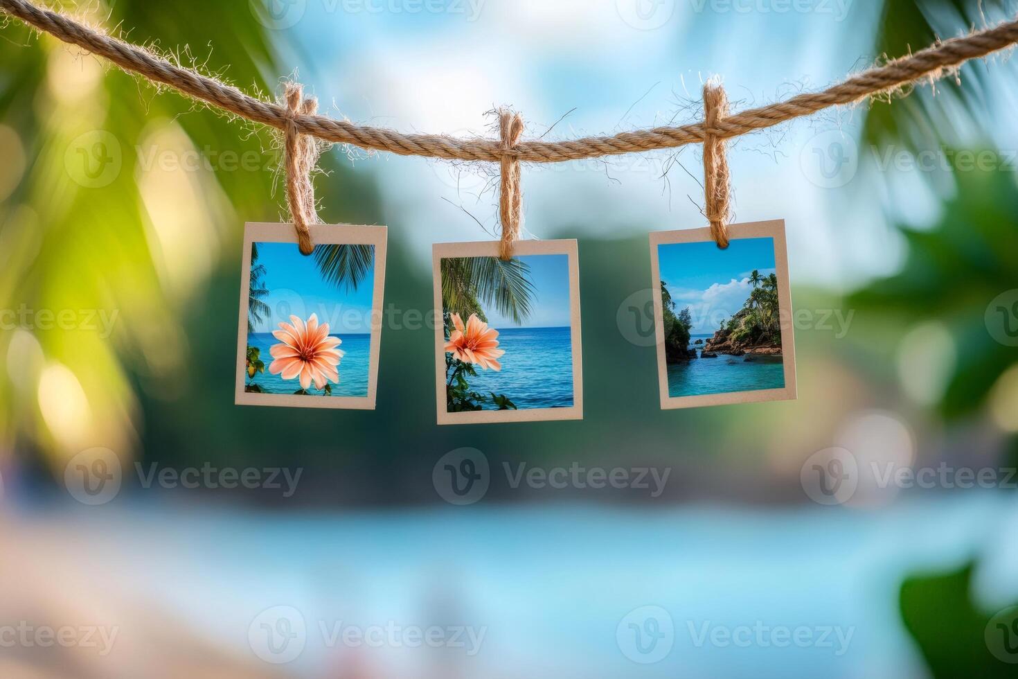 Tropical holiday pictures hanging from a rope displaying exotic flower, ocean and coastline photo