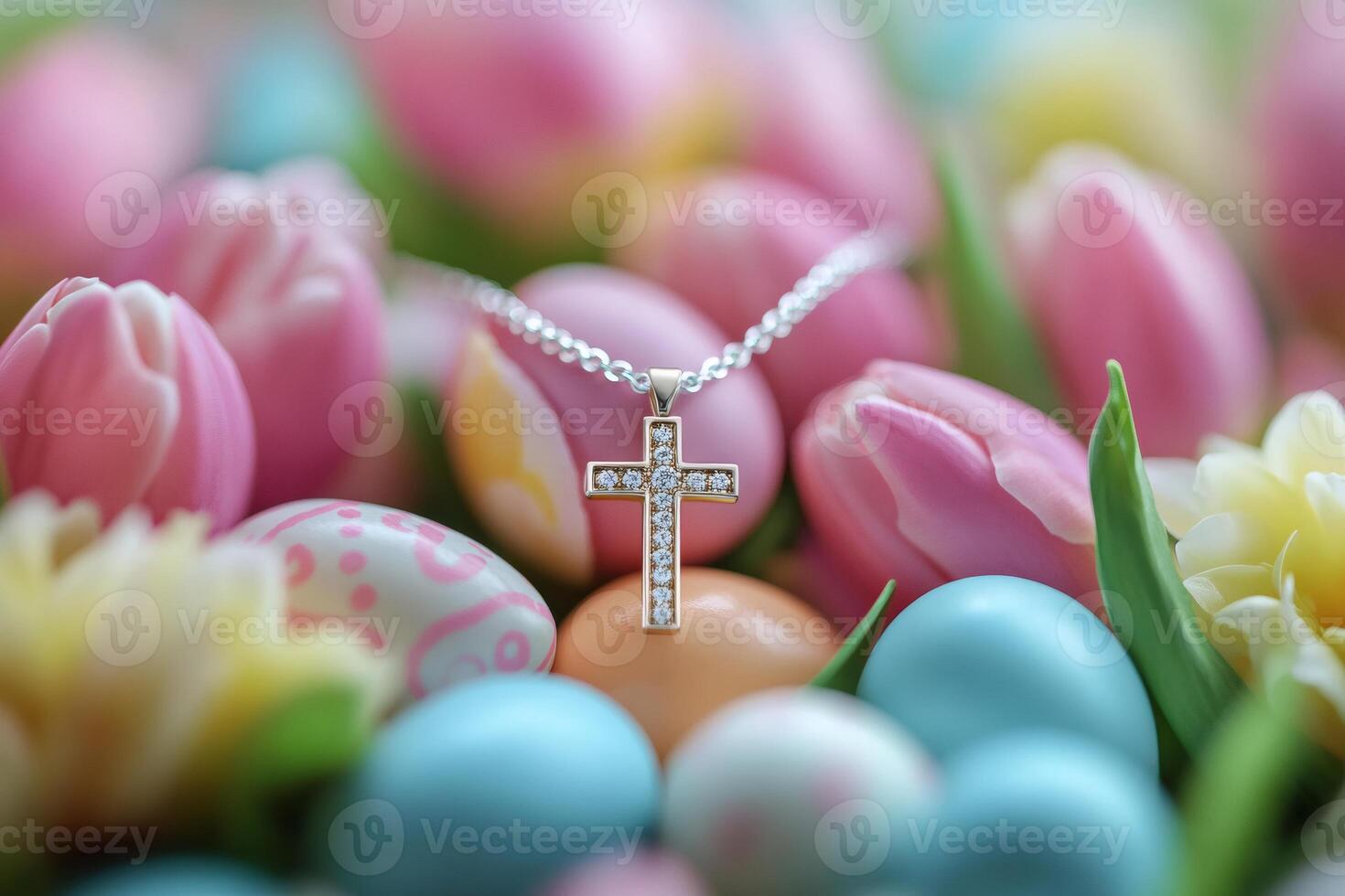 Diamond cross necklace celebrating easter with colorful eggs and tulips photo
