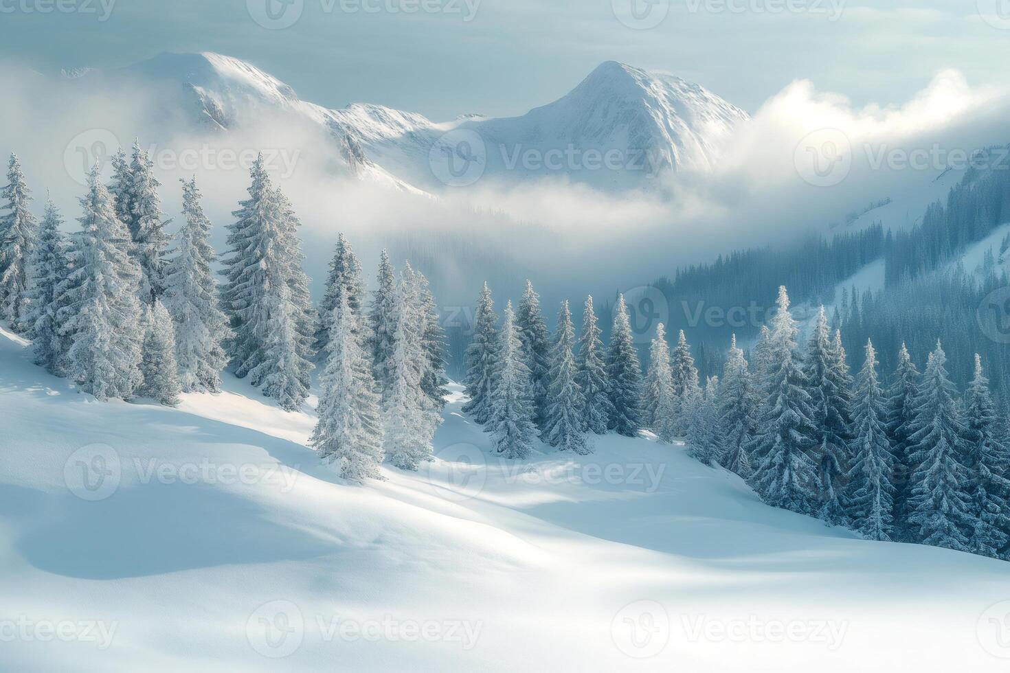 Majestic snow-covered pines and mountains creating a winter wonderland photo