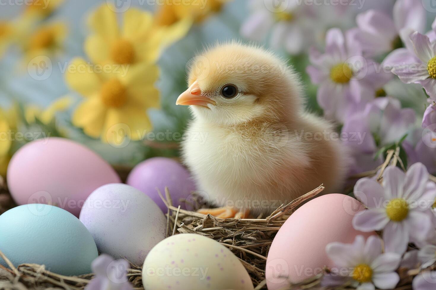 Baby chick sitting in nest with easter eggs and flowers photo