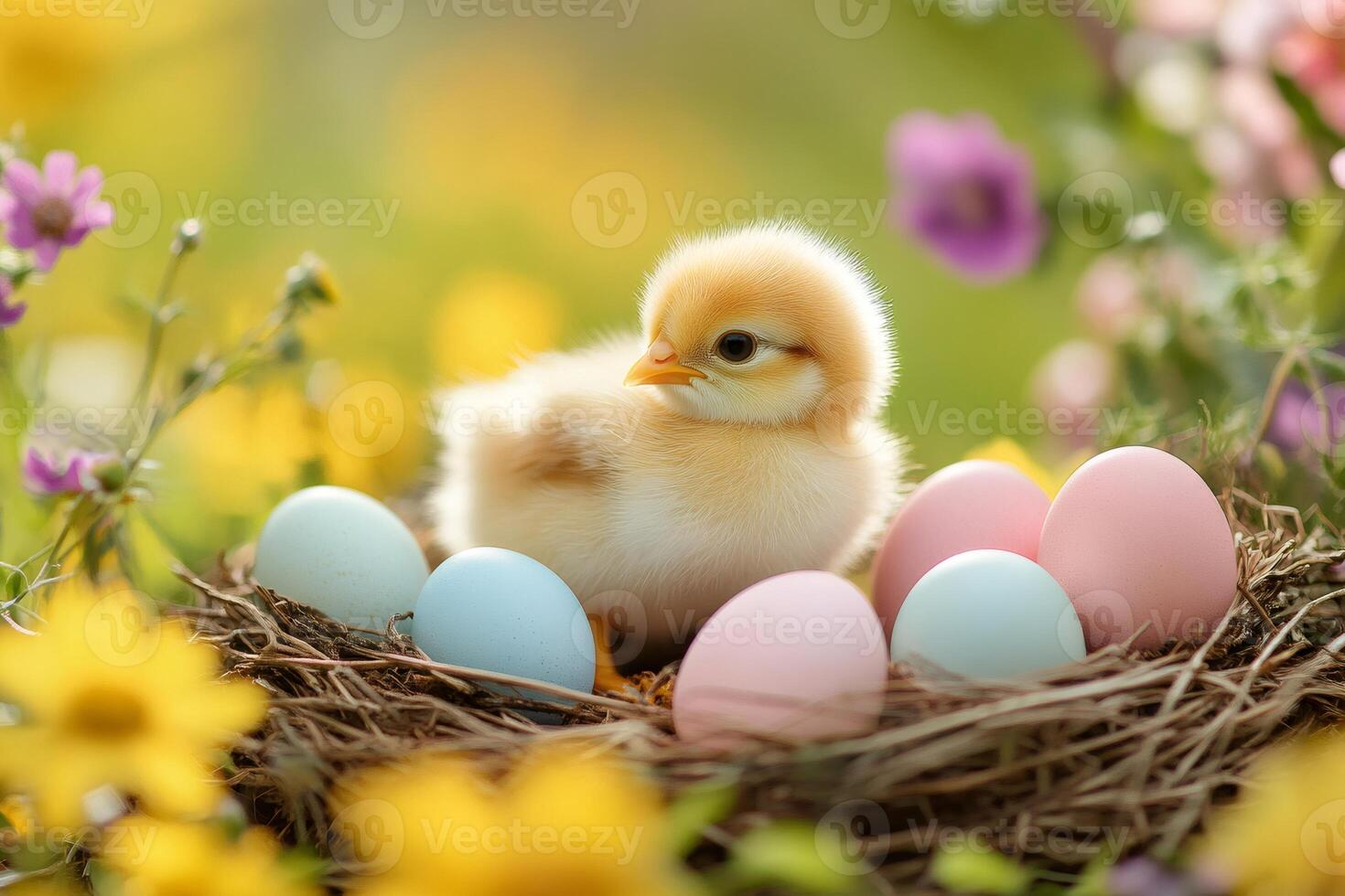 Little chick sitting in nest with easter eggs in blooming meadow photo