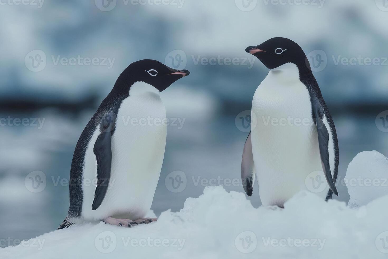 Two adelie penguins standing on ice floe in antarctica photo