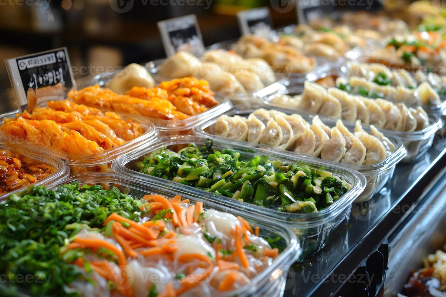Plastic containers displaying asian food, including dumplings and vegetables, in a market stall photo