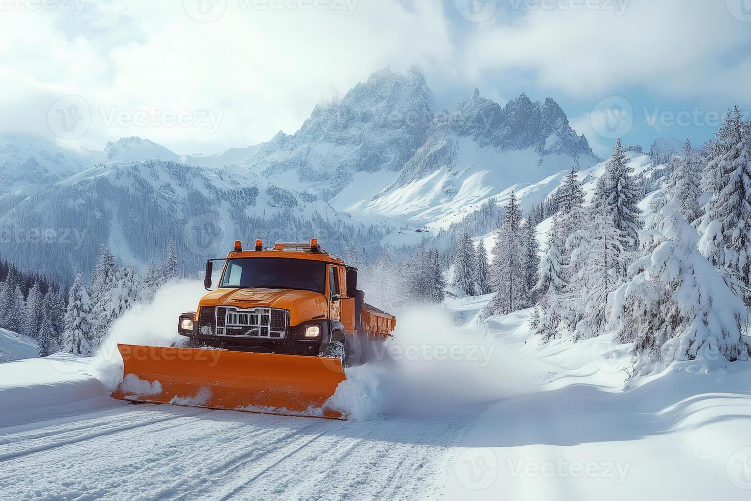 Snowplow truck clearing snowy mountain road in winter landscape photo