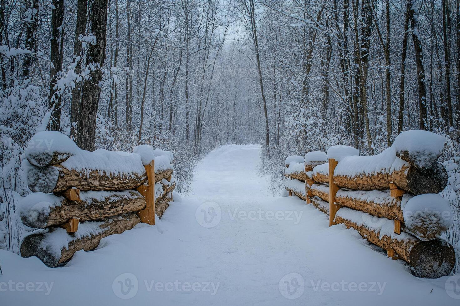 Snow covered log fence opening onto a snowy forest path photo