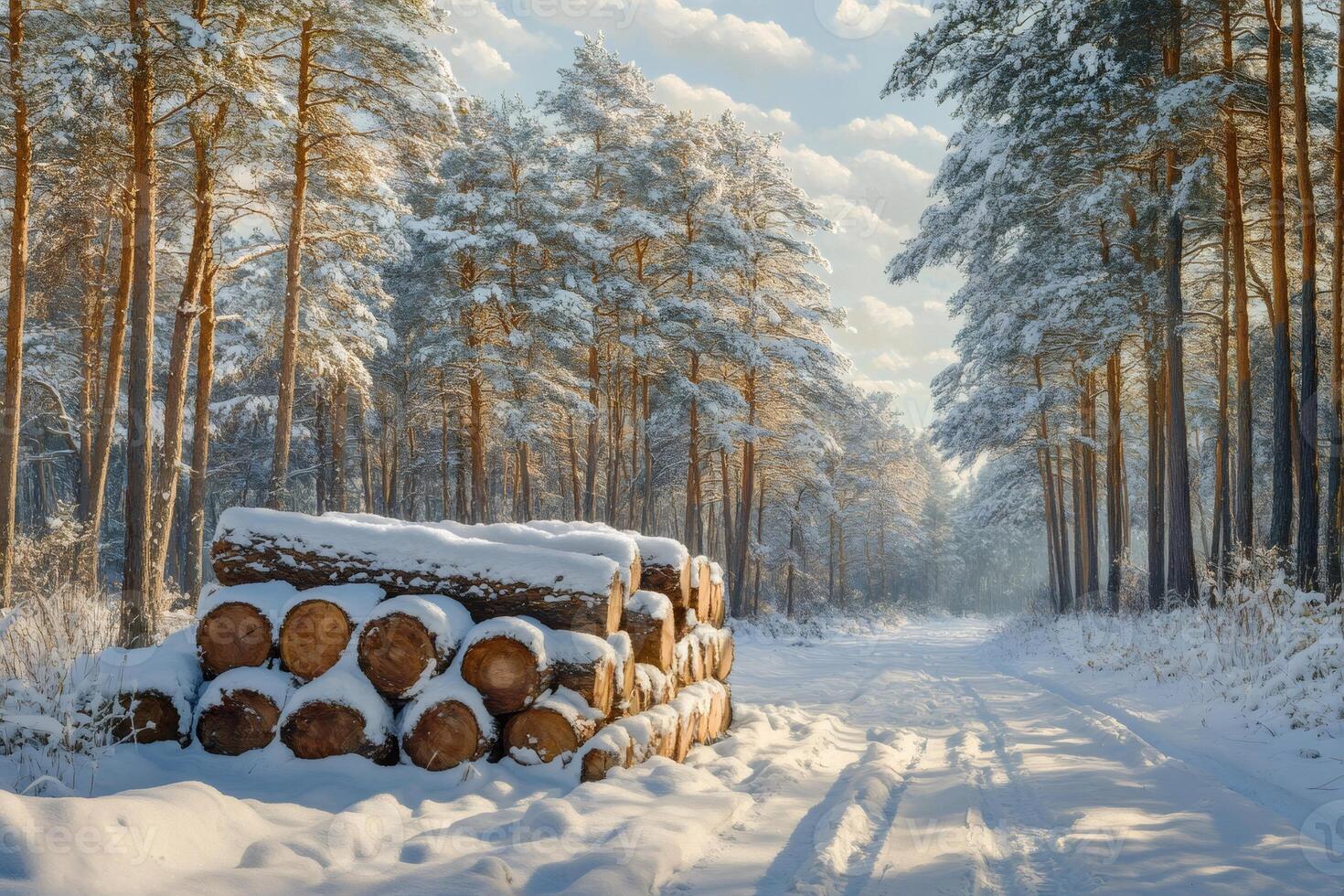 Stack of logs covered with snow creates stunning winter forest scene photo