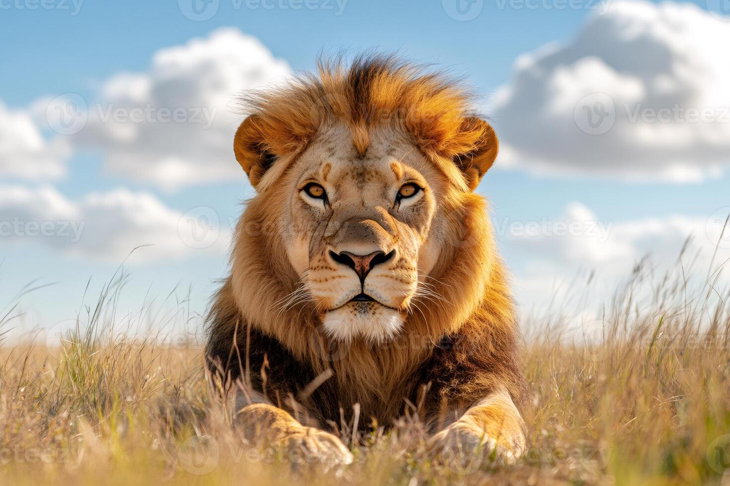 Majestic male lion resting in the african savanna grassland photo