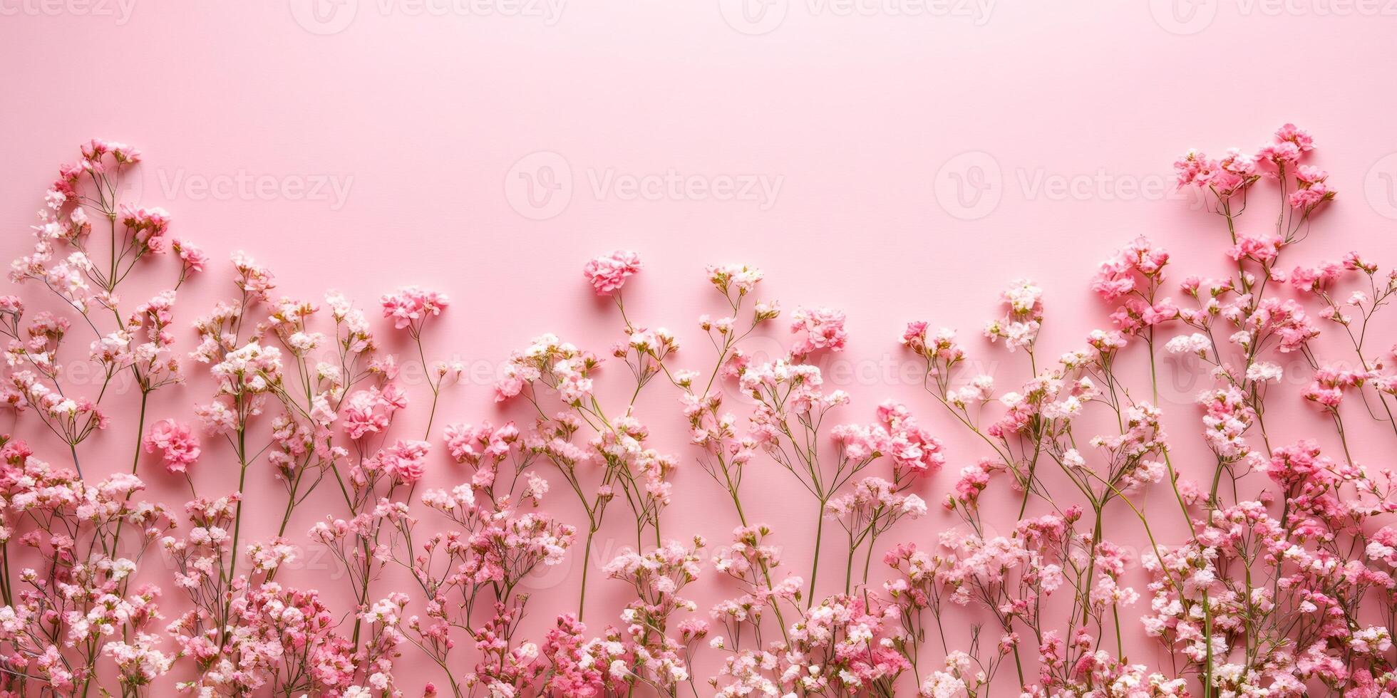 Delicate pink and white flowers creating a border on pastel pink background photo