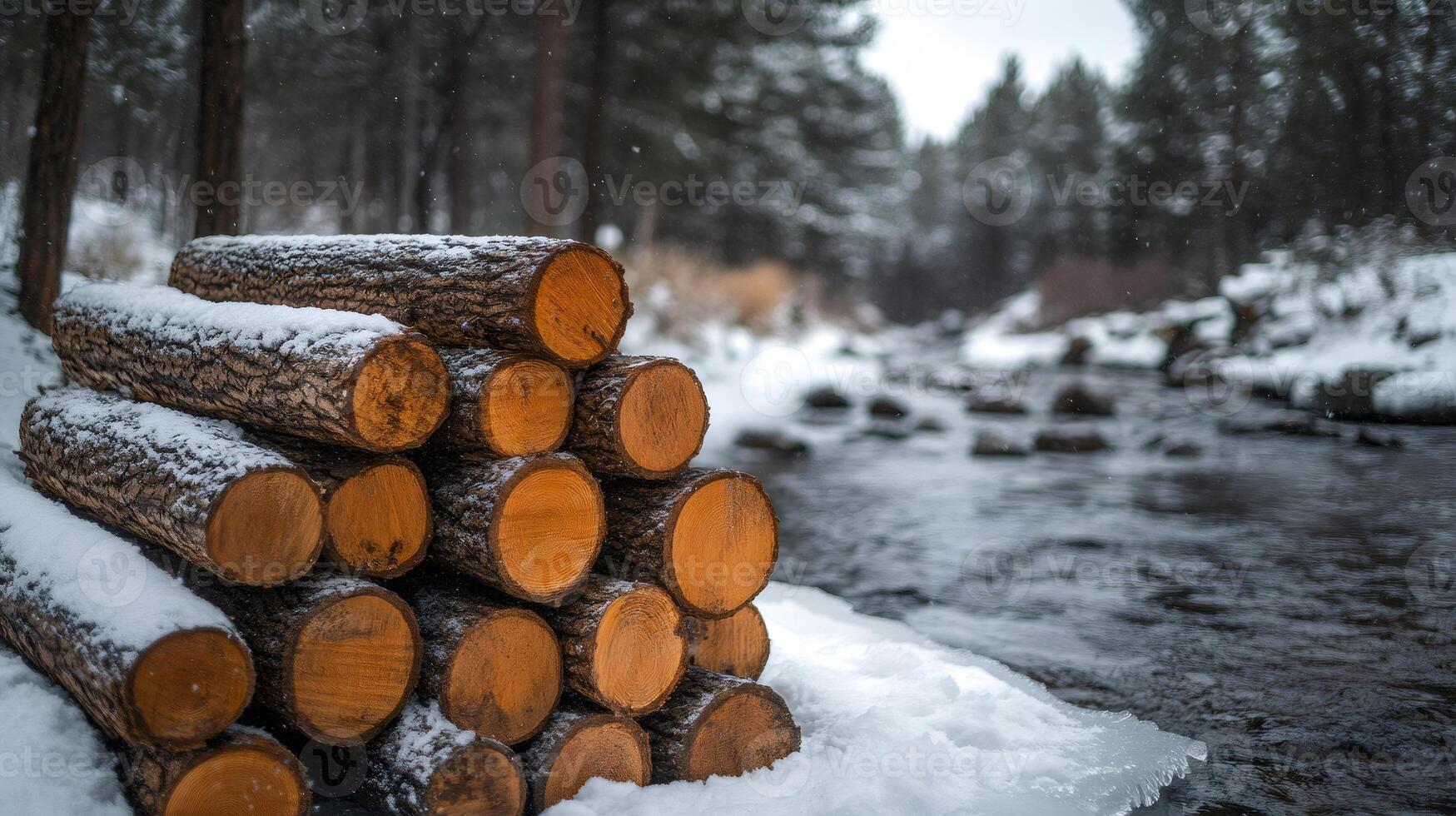 Stack of logs covered with snow near a river in winter forest photo