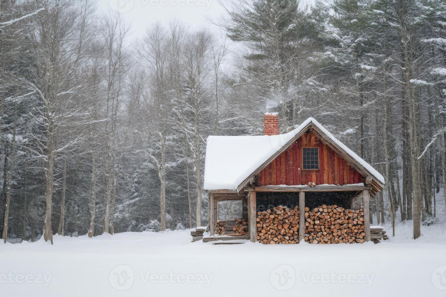 Cozy wooden cabin with smoking chimney in snowy winter forest photo