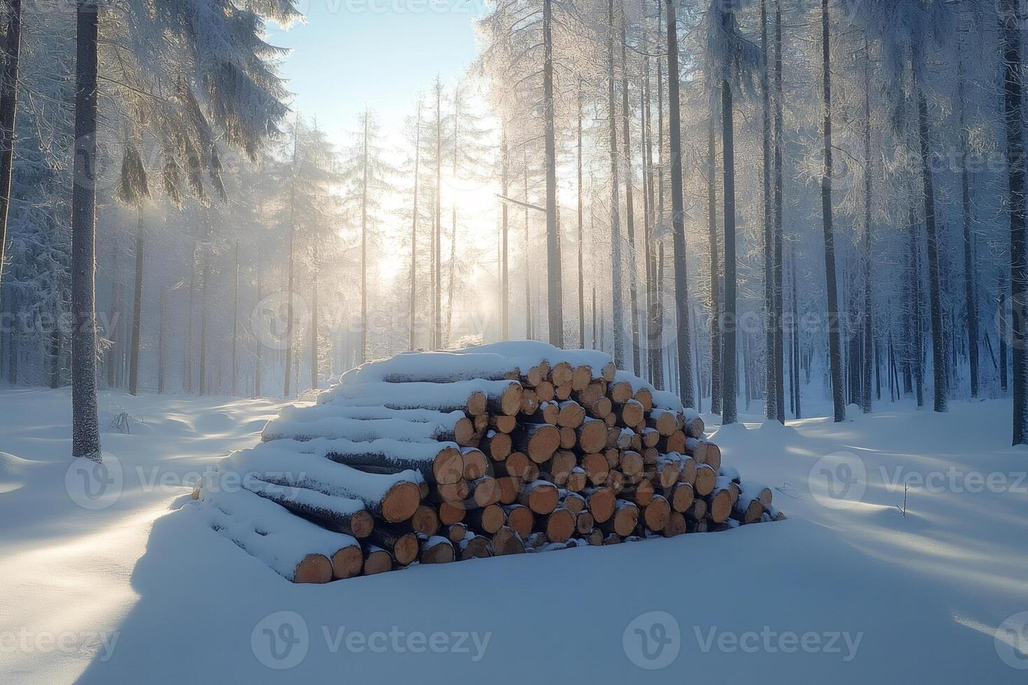 Stack of logs covered with snow in a winter forest at sunrise photo
