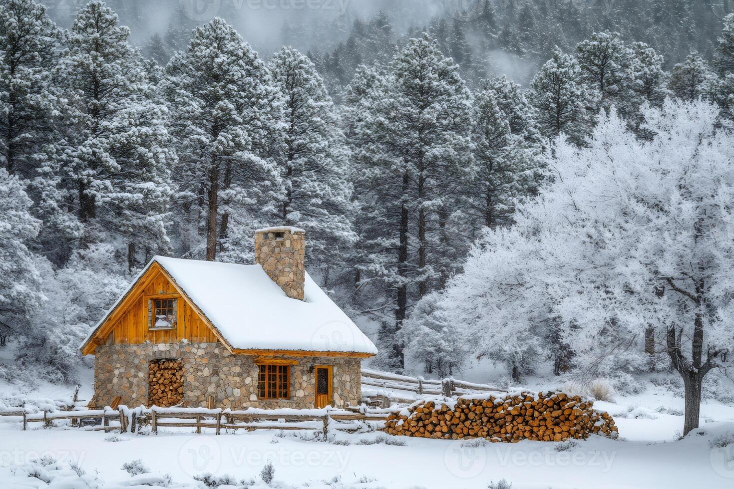 Cozy stone cabin nestled in a snowy winter wonderland photo