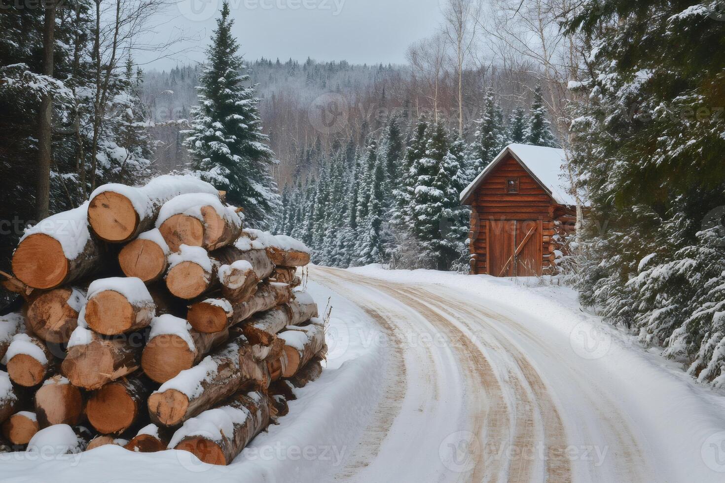 Snow covered logs beside a winding road leading to log cabin in winter forest photo