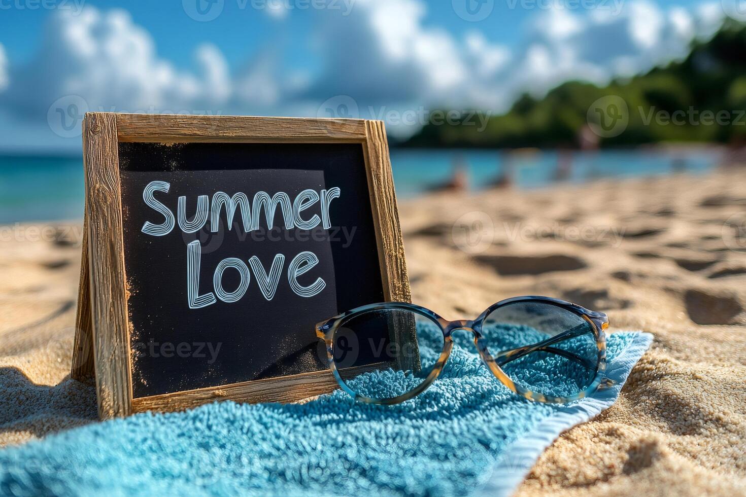 Summer love sign displayed on tropical beach with sunglasses and towel photo