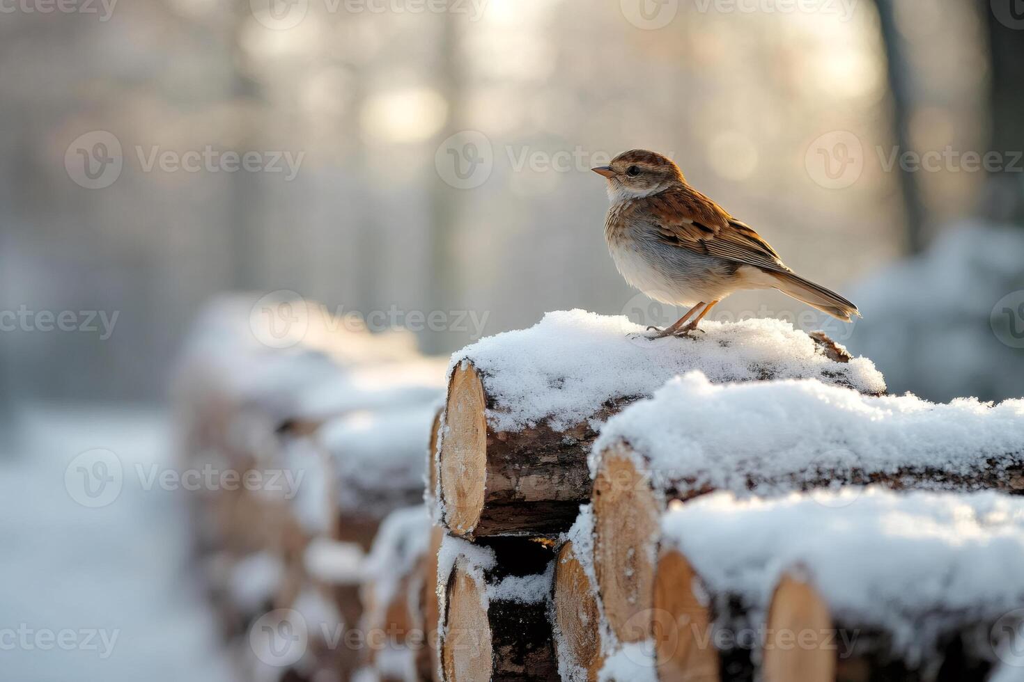 Chipping sparrow perched on snow covered logs in winter forest photo