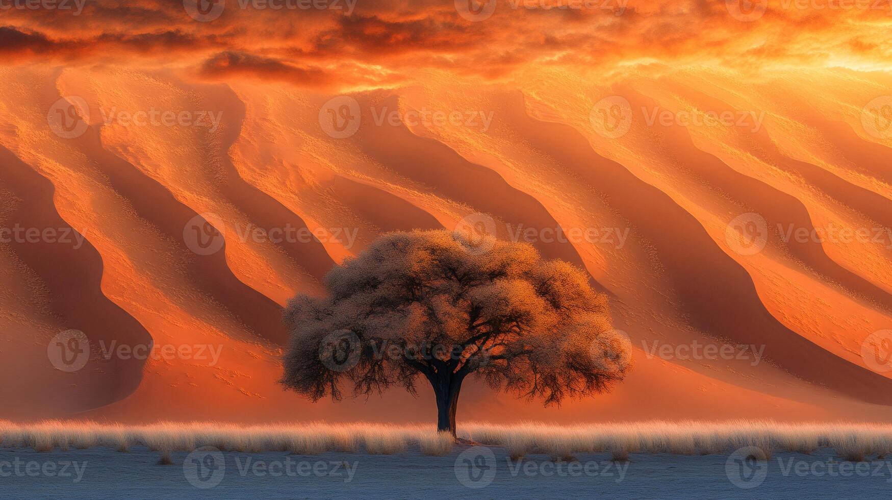 Lonely tree standing in front of sand dunes during sunset in the namib desert photo