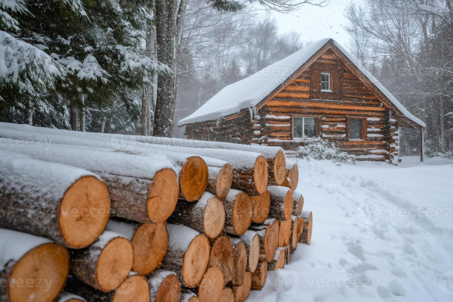 Snow falling on stacked firewood and log cabin in winter forest photo