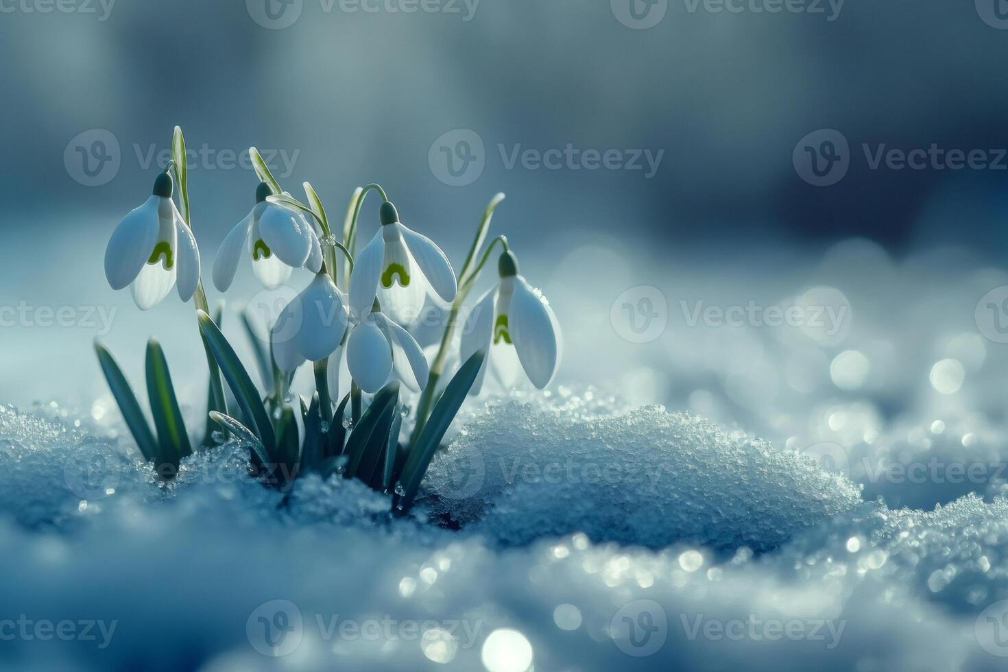 Snowdrops emerging from melting snow announce spring arrival photo