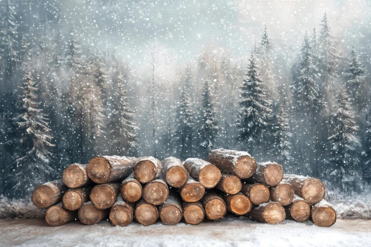 Snow falling on stacked logs in winter forest photo