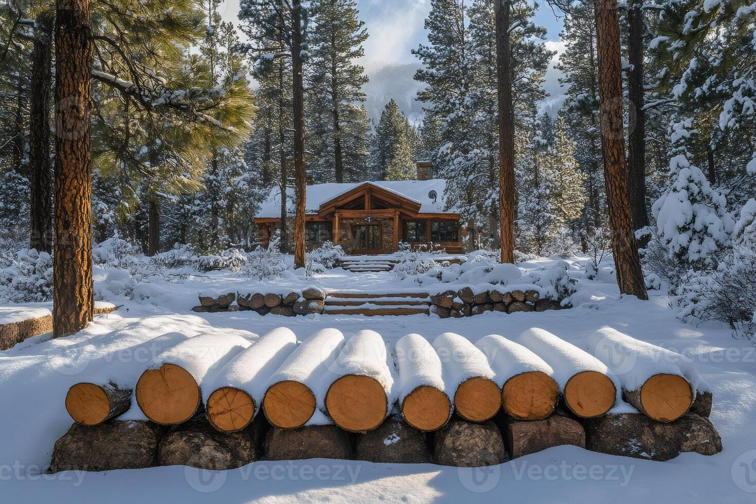 Winter wonderland cabin surrounded by snow covered trees and logs photo