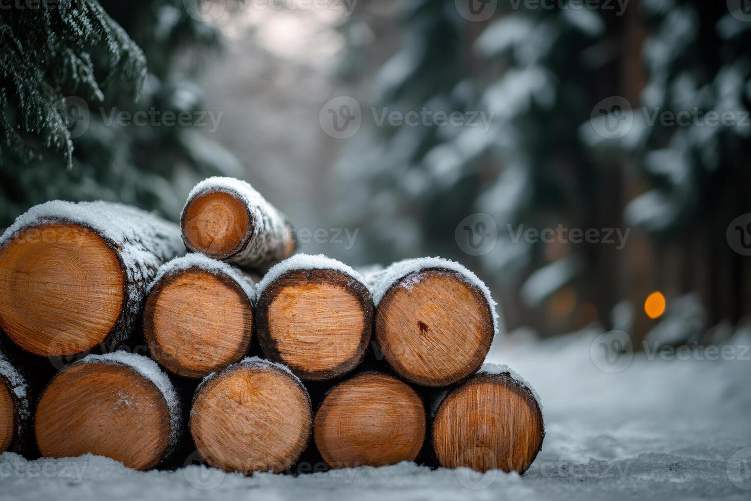 Stack of logs covered with snow creates cozy winter scene in forest photo