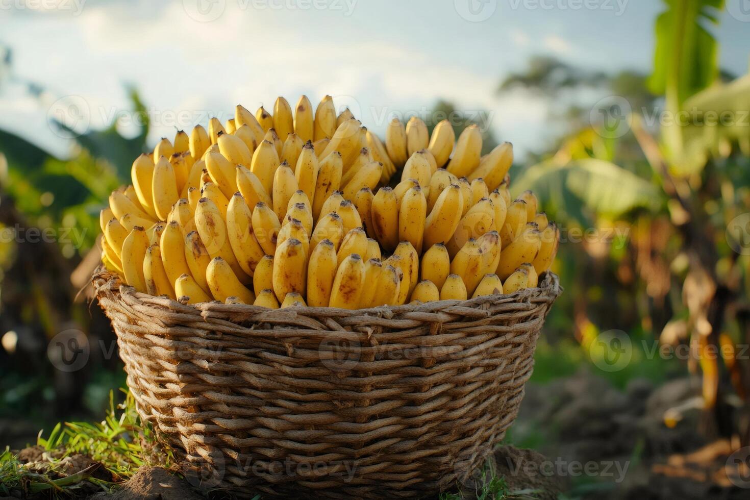 Wicker basket overflowing with freshly picked bananas in plantation photo
