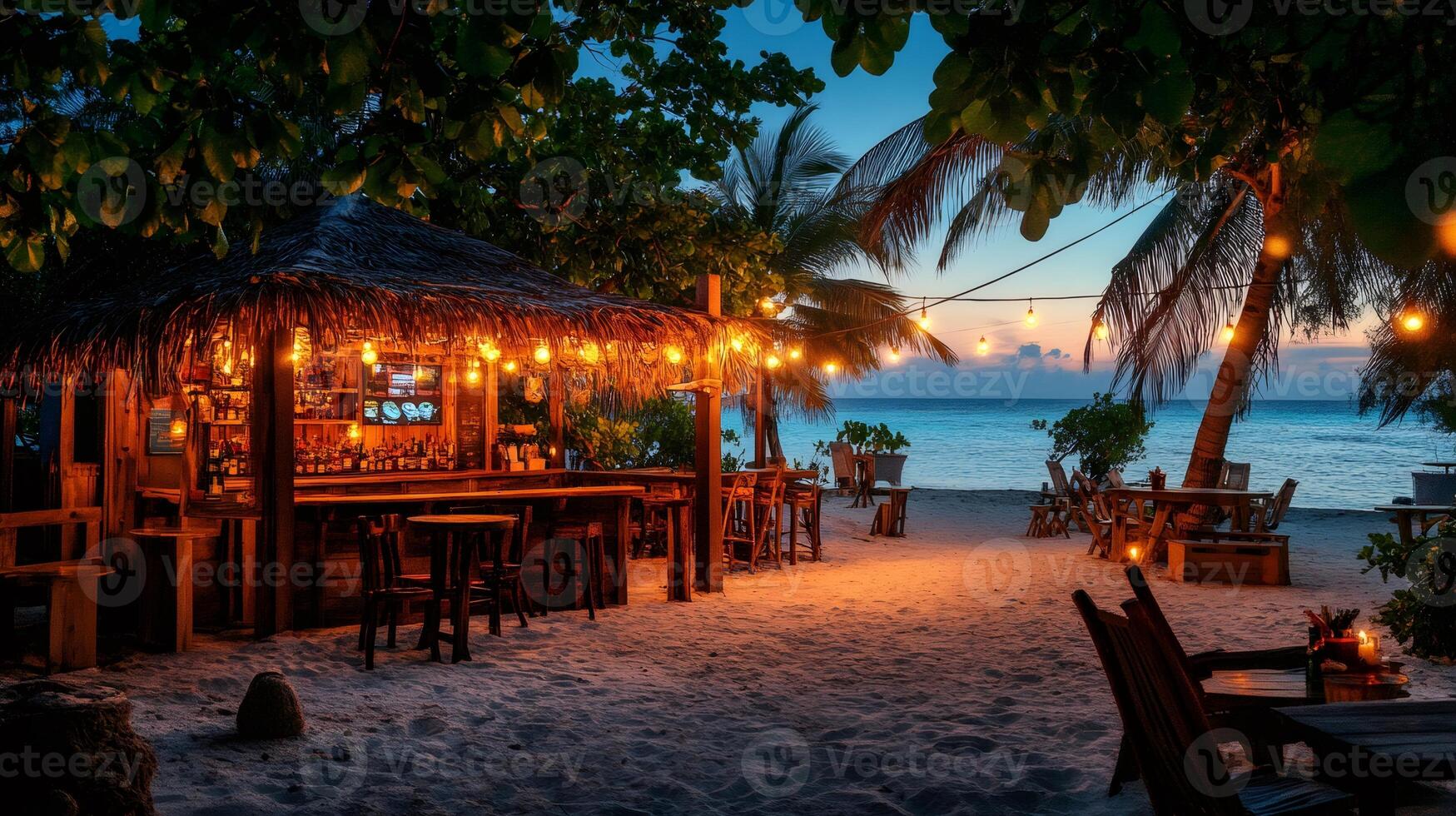 Beach bar with string lights illuminating tropical paradise at sunset photo
