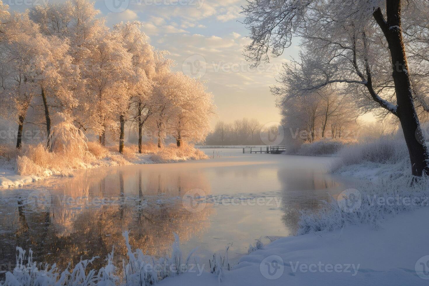 Winter landscape reflecting on frozen lake at dawn photo
