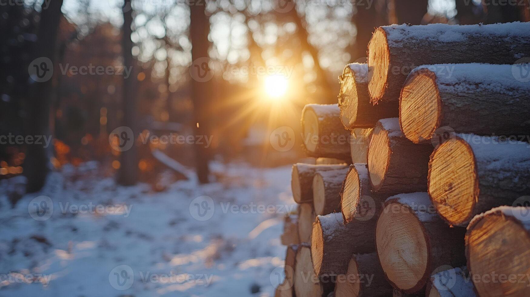 Logs stacked in a snowy forest at sunset create a warm, inviting scene photo