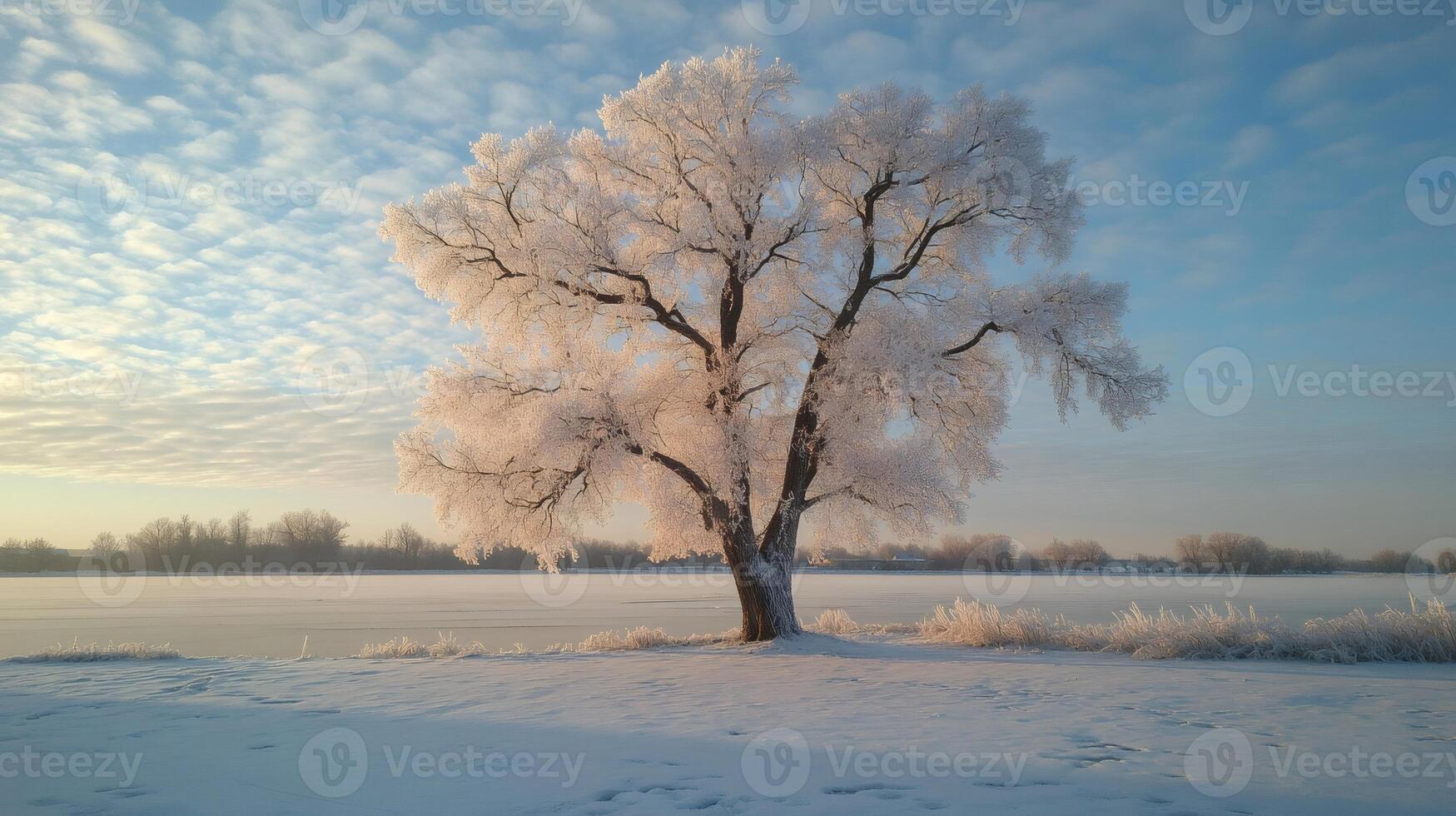 Majestic frost-covered tree standing tall in winter wonderland photo