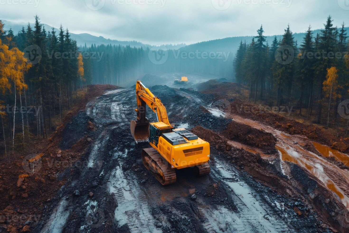 Excavator working on deforestation in mountains building a road through forest photo