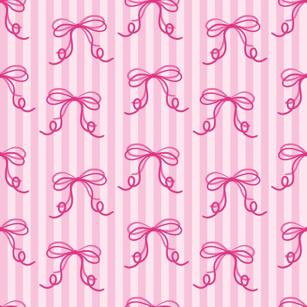 Cute Pink Bow Seamless Pattern on Striped Background. Girly Hand Drawn ...