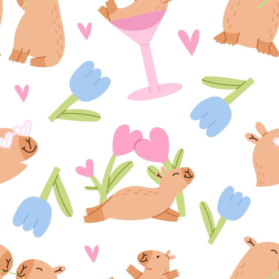 Cute capybaras seamless pattern. Valentines day background for fabric design, packaging. Flat illustration. vector