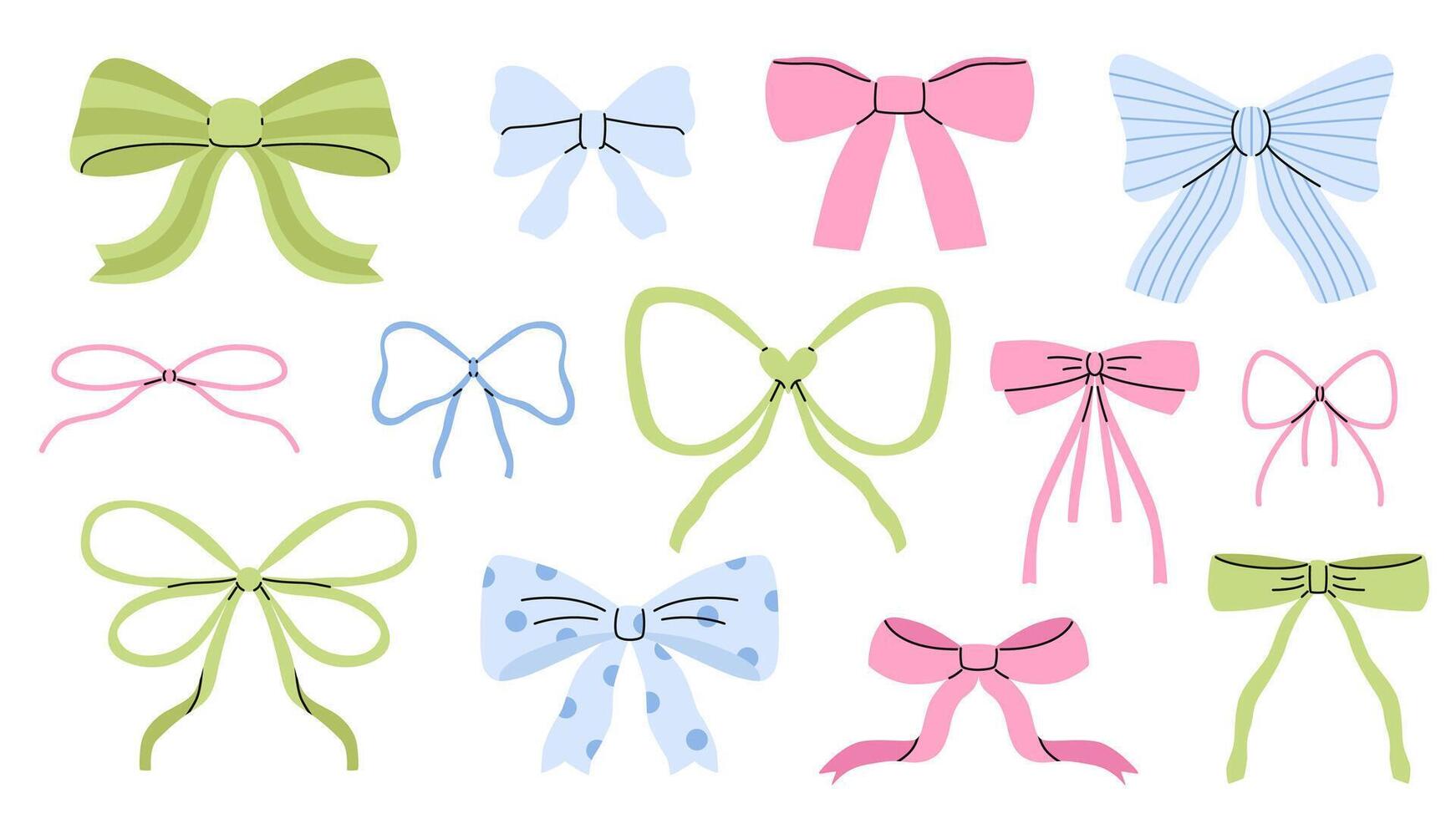 Hand drawn ribbon bow set. Bowknot for decoration. Collection of bowtie. Flat illustration isolated on white background. vector