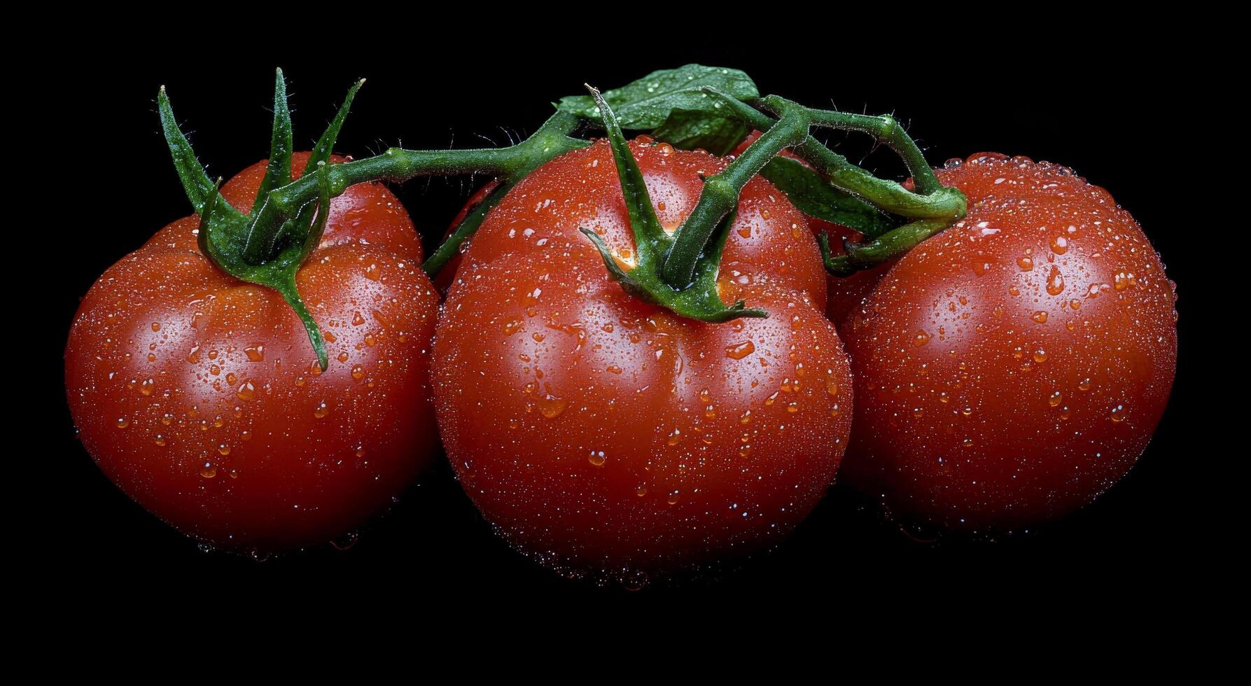 Fresh and ripe tomatoes with drops of water on a black background photo