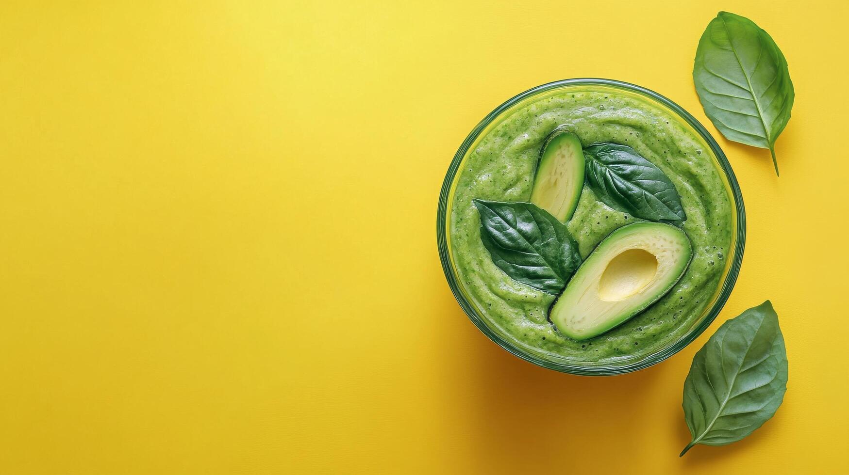 Refreshing green smoothie with avocado and spinach on vibrant yellow background photo
