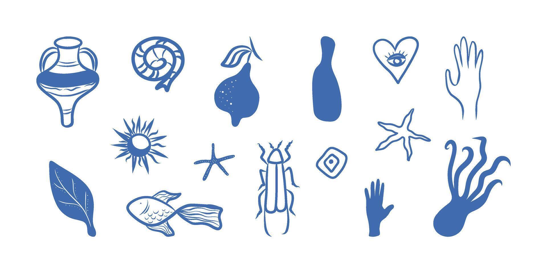 Mediterranean sea set, blue color drawings set vector