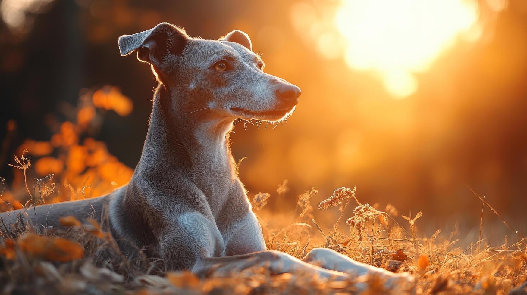 A dog sitting in the grass at sunset photo