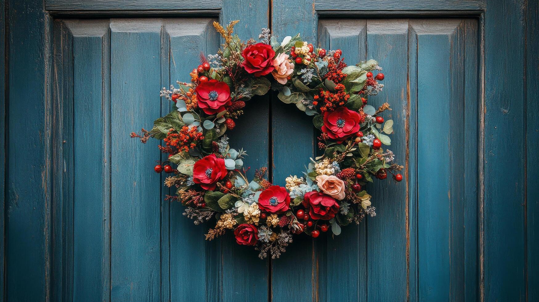 A wreath of flowers on a blue door photo