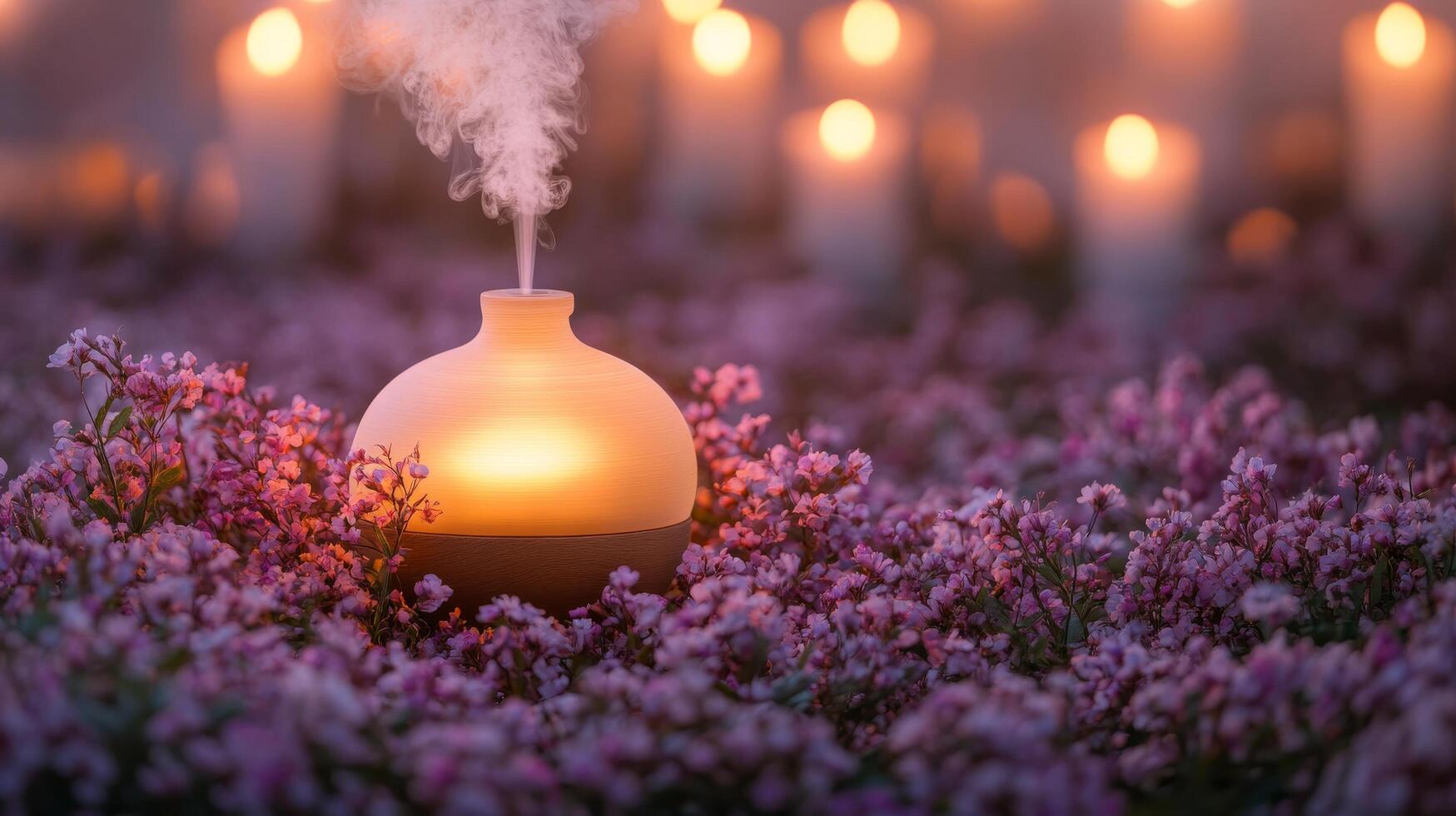 A candle lit in a field of purple flowers photo