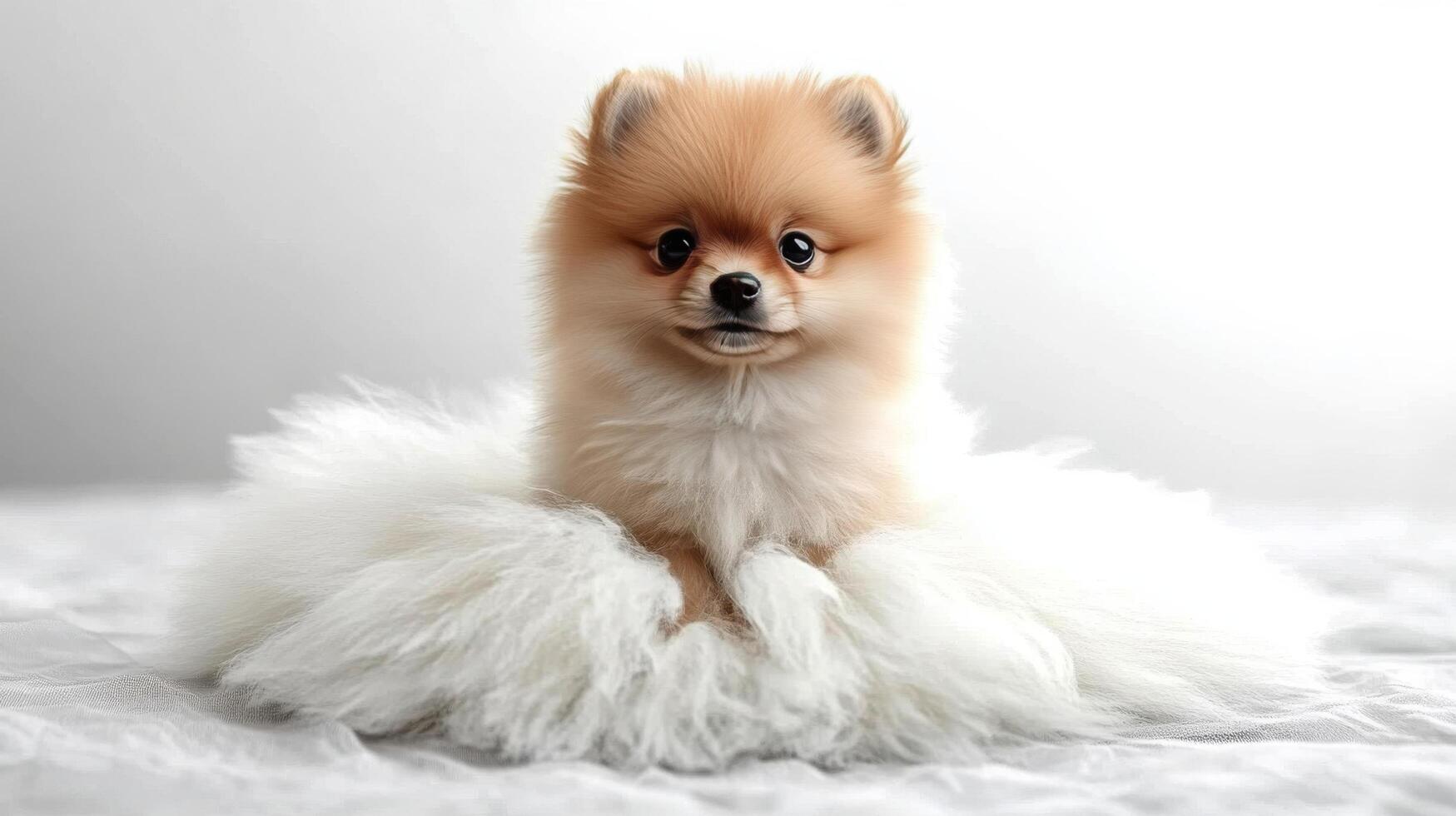 Pomeranian dog sitting on a fluffy white blanket photo