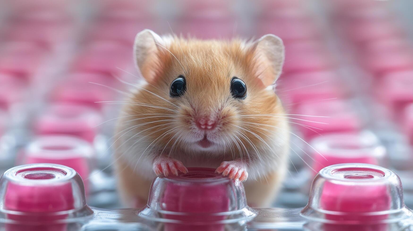 A hamster is sitting on top of a bunch of pink bottles photo