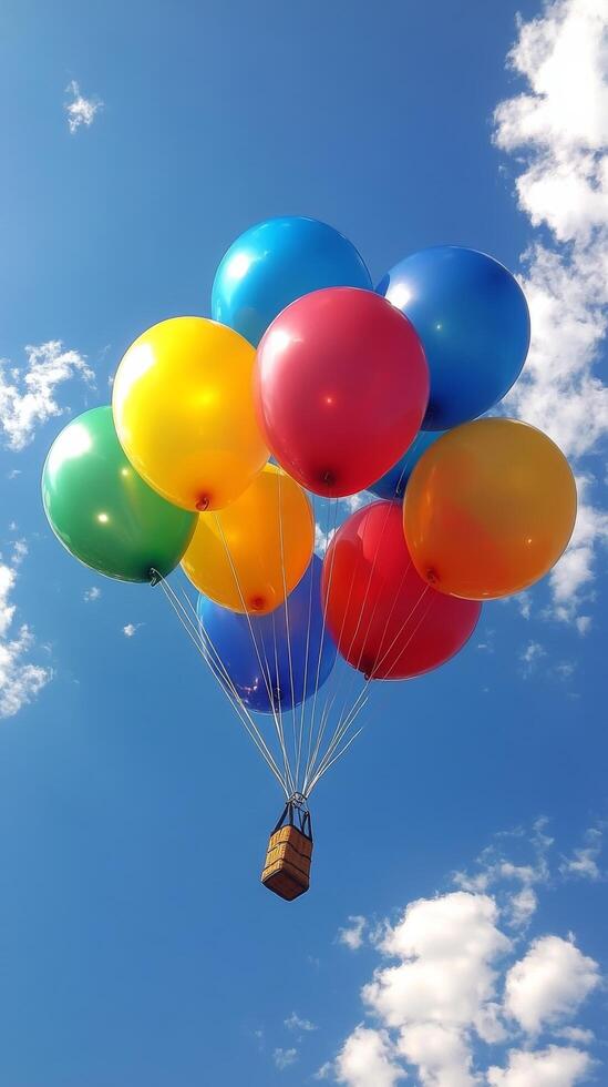 A box with a bunch of colorful balloons floating in the sky photo