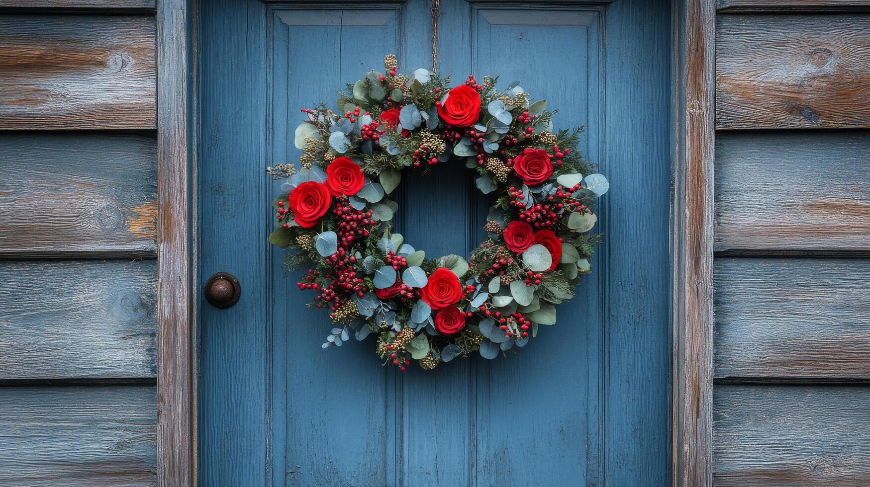 A wreath on a blue door with red roses photo