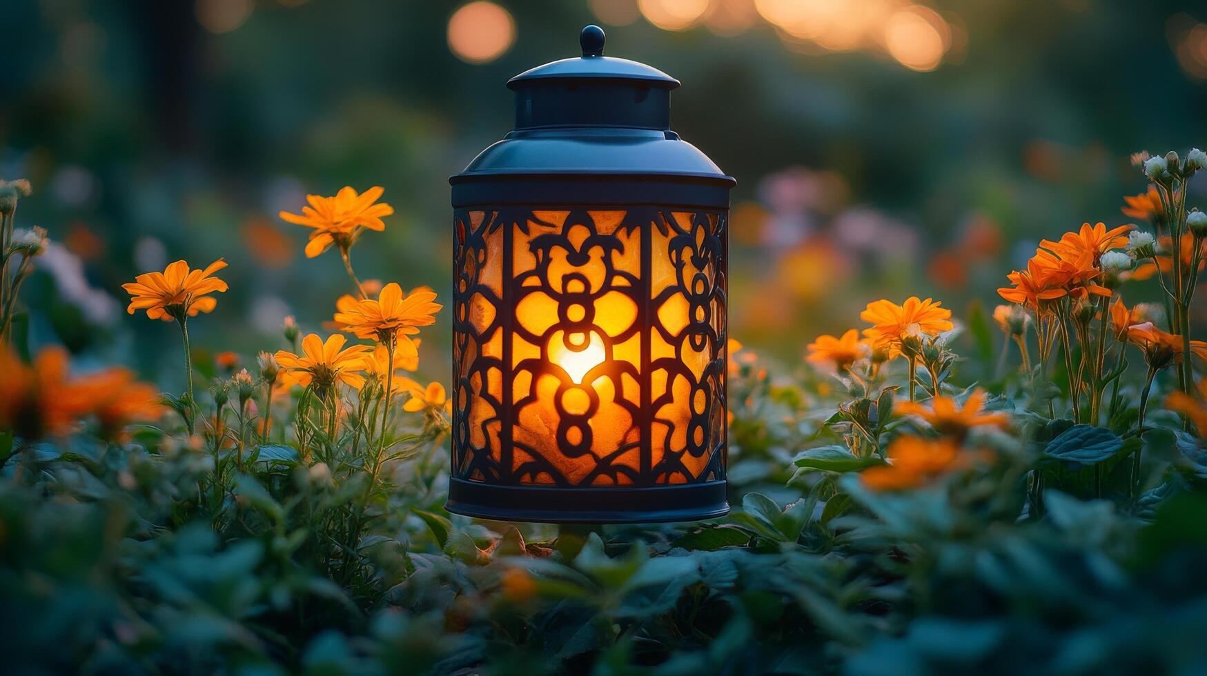 A lantern is sitting in the middle of a field of flowers photo