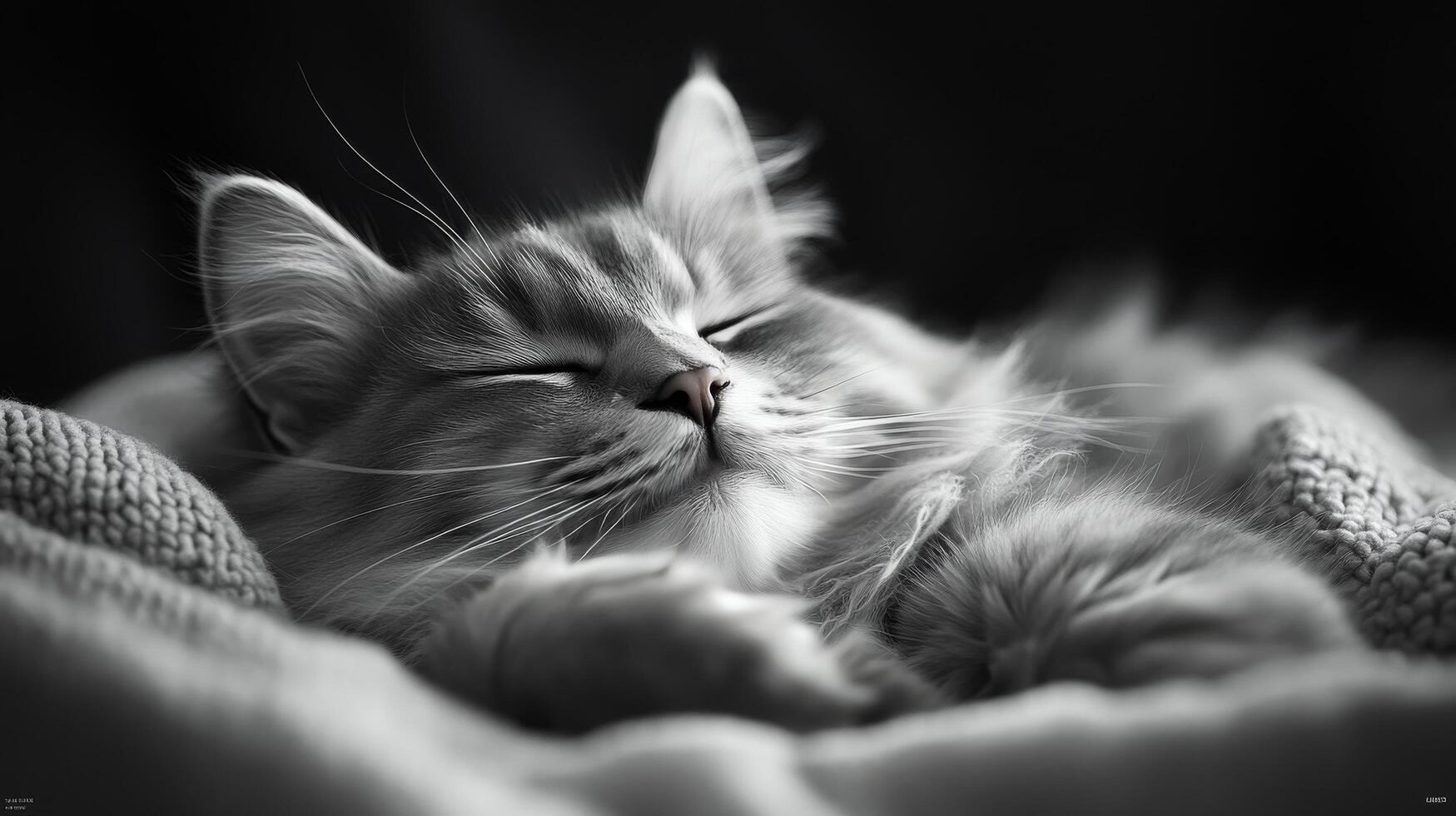 A cat sleeping on a blanket in black and white photo