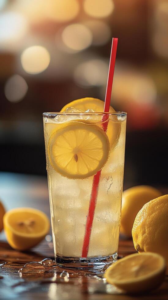 A glass of lemonade with a red straw photo