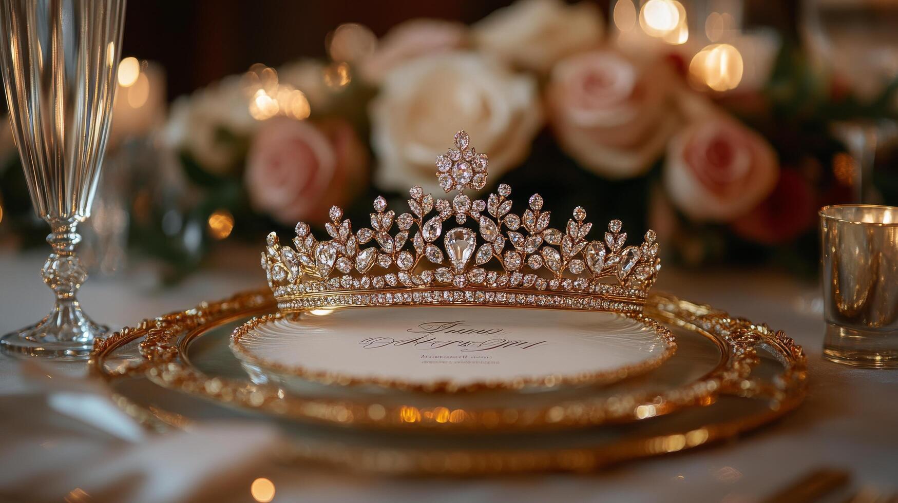 A gold tiara sits on top of a plate photo