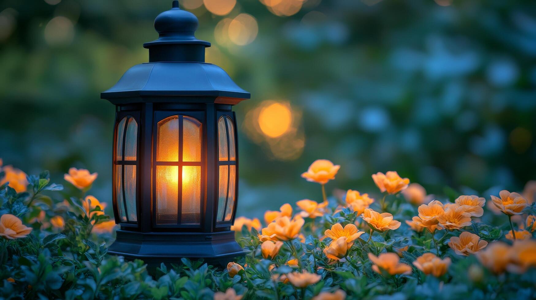 A lantern is sitting in the middle of a field of flowers photo